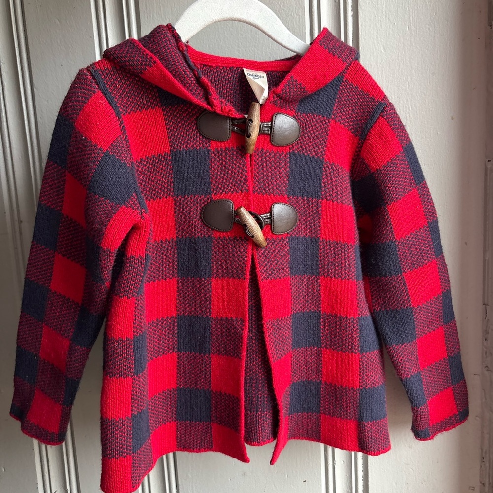 OshKosh B'gosh Red and Navy Buffalo Plaid Hooded Toggle Cardigan 4T Girls